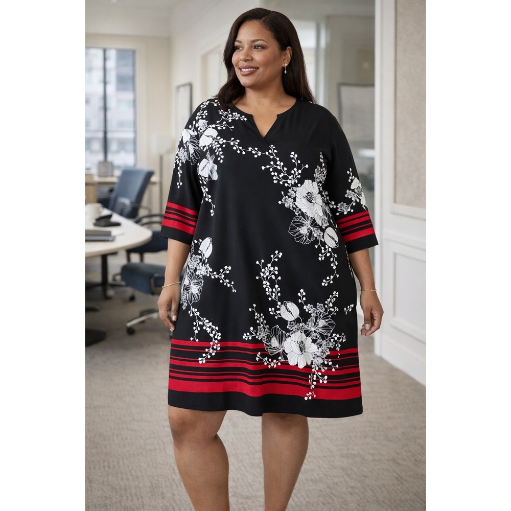 Lane Bryant Black Texture Floral Print Shift Dress Women 22/24 Red Stripe Hem